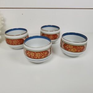 Vintage 70s Fitz & Floyd Kyoto Porcelain Handleless Tea Cup Set 4- Chinoiserie